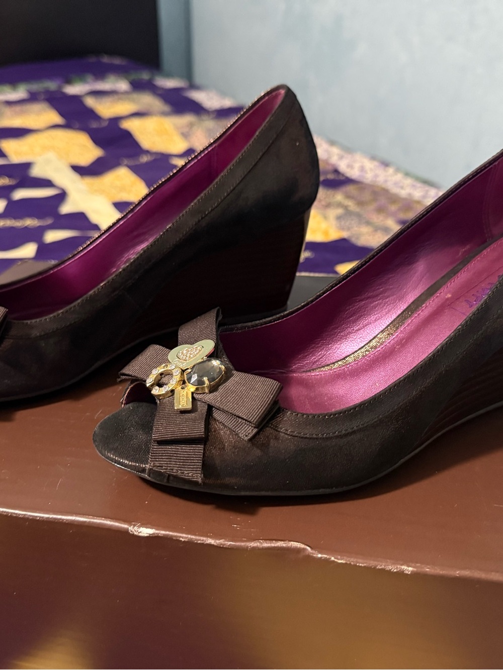 Coach Brown Wedge Peep-Toe Pumps with Pink Metallic Lining and Bow Charm